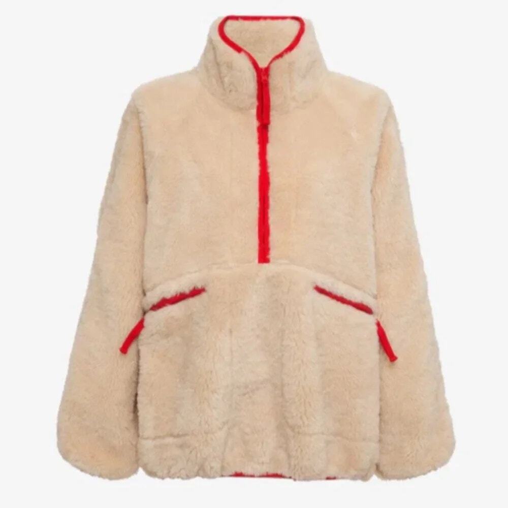 Rumored Sun Valley Sherpa Ecru Teddy Jacket with Red Trim
